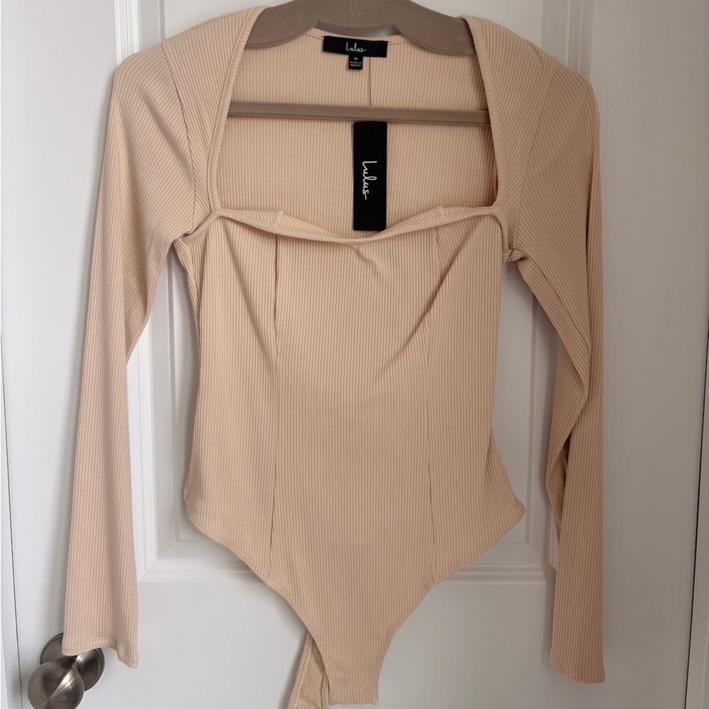Lulu's Beige Ribbed Long Sleeve Bodysuit